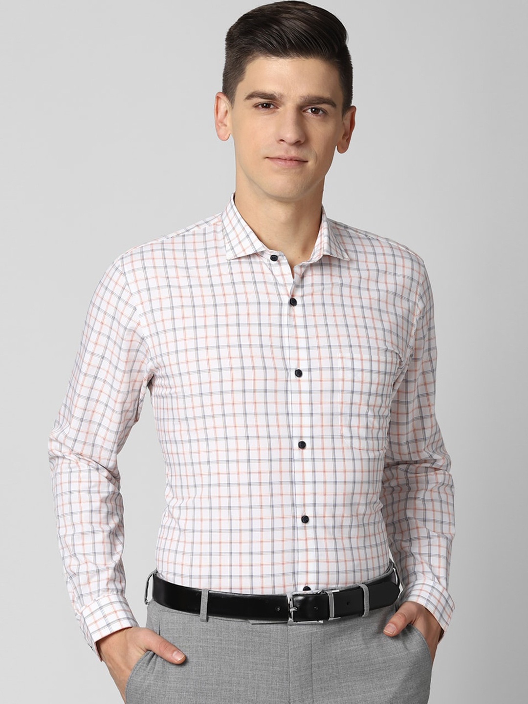 

Peter England Men Cream-Coloured Slim Fit Grid Tattersall Checks Opaque Checked Formal Shirt