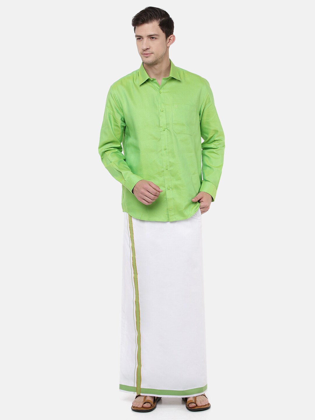 

Ramraj Men Green & White Cotton Shirt with Dhoti