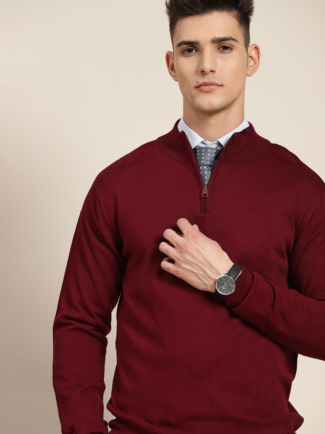 

INVICTUS Men Maroon Solid Half-Zipper Acrylic Pullover Sweater