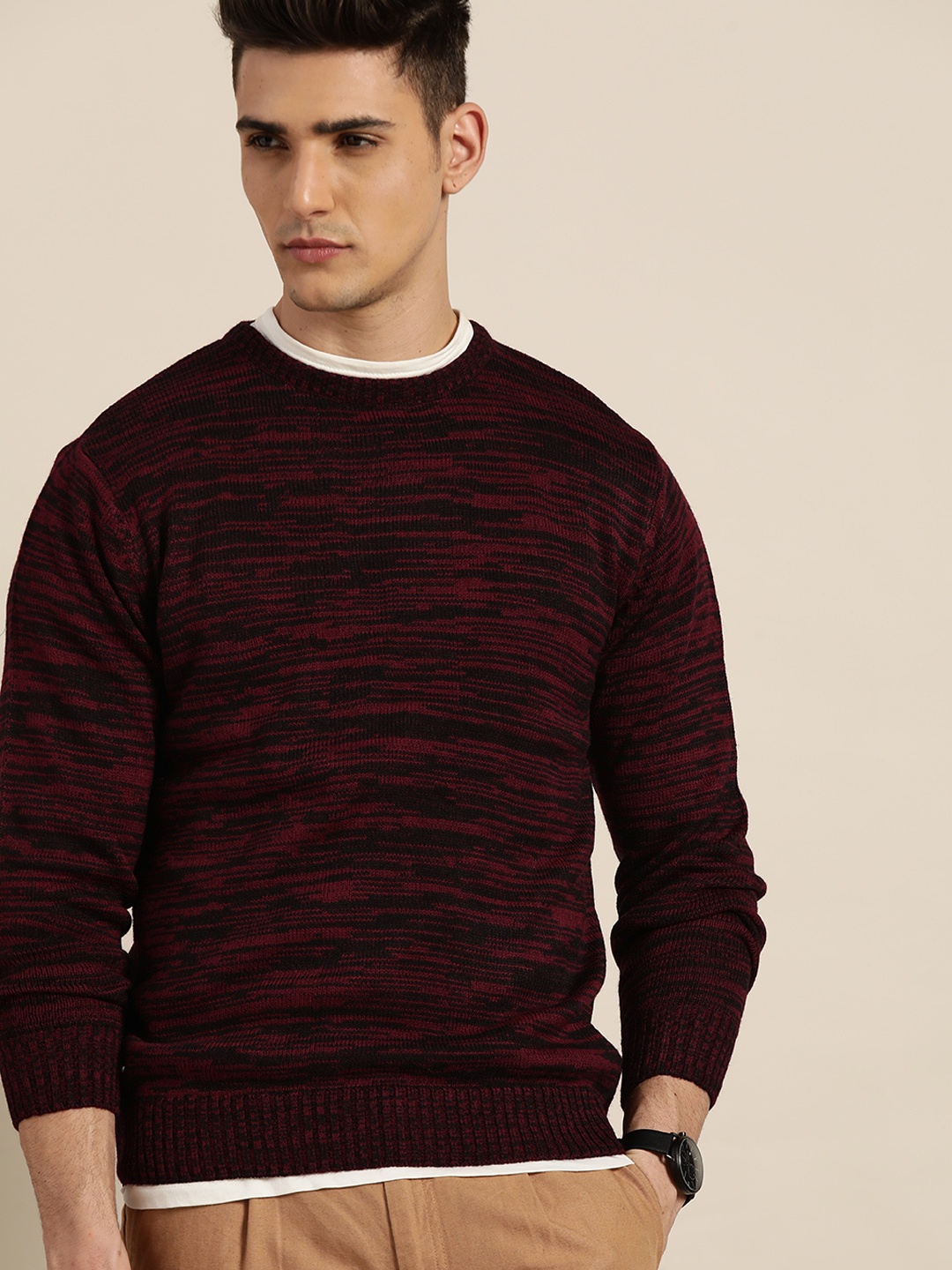 

INVICTUS Men Maroon & Black Acrylic Abstract Self-Design Pullover