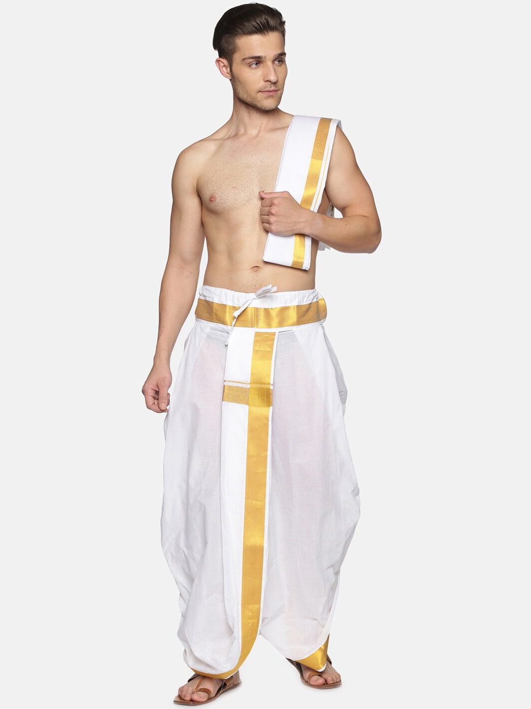 

Sethukrishna Men White & Gold-Coloured Solid Cotton Dhoti