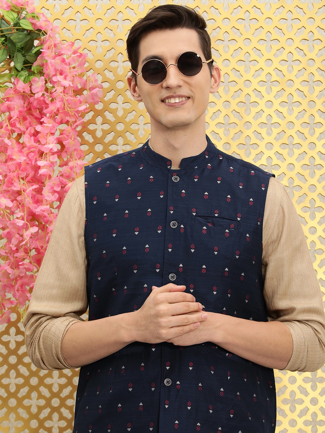 

Ode by House of Pataudi Men Navy Blue Woven-Design Nehru Jacket