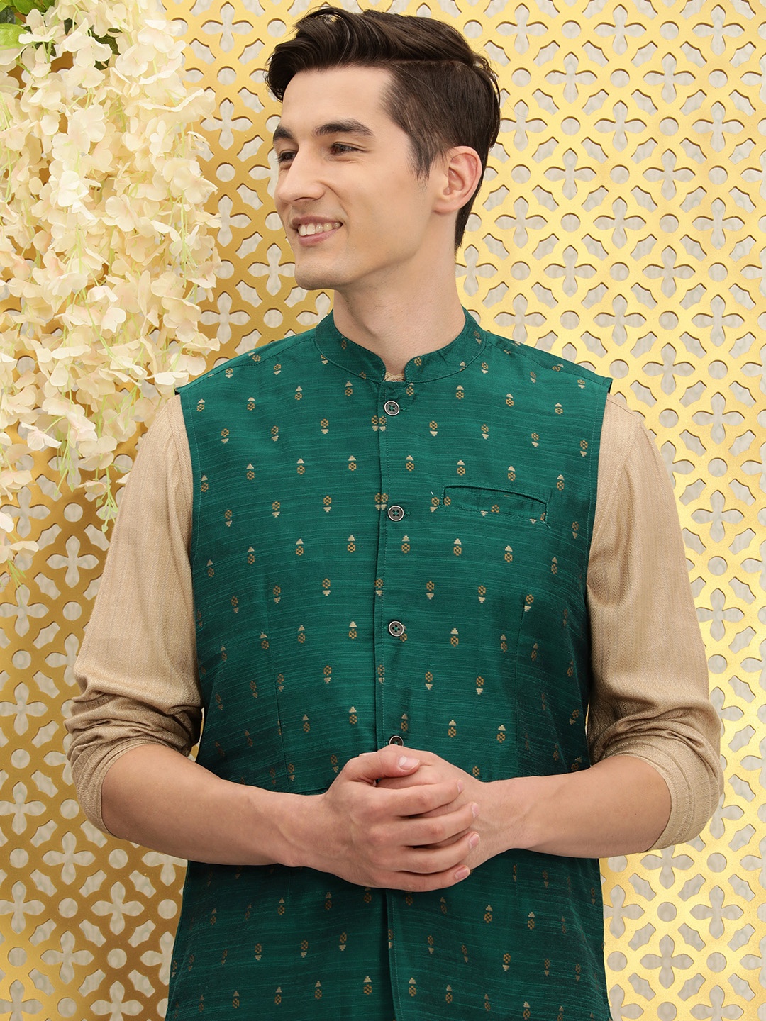 

Ode by House of Pataudi Men Teal Green Woven-Design Nehru Jacket