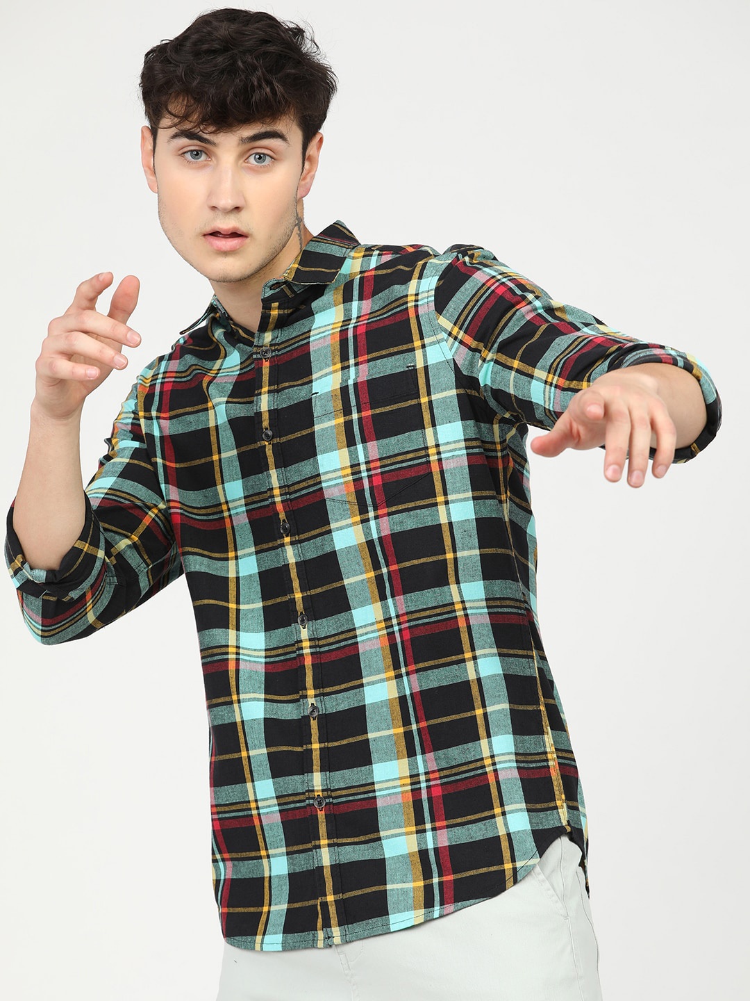 

HIGHLANDER Men Black Slim Fit Tartan Checks Opaque Checked Casual Shirt