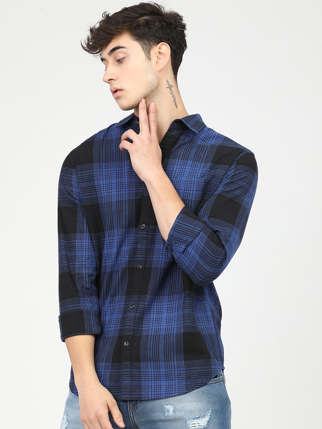 

HIGHLANDER Men Black Slim Fit Tartan Checks Opaque Checked Casual Shirt