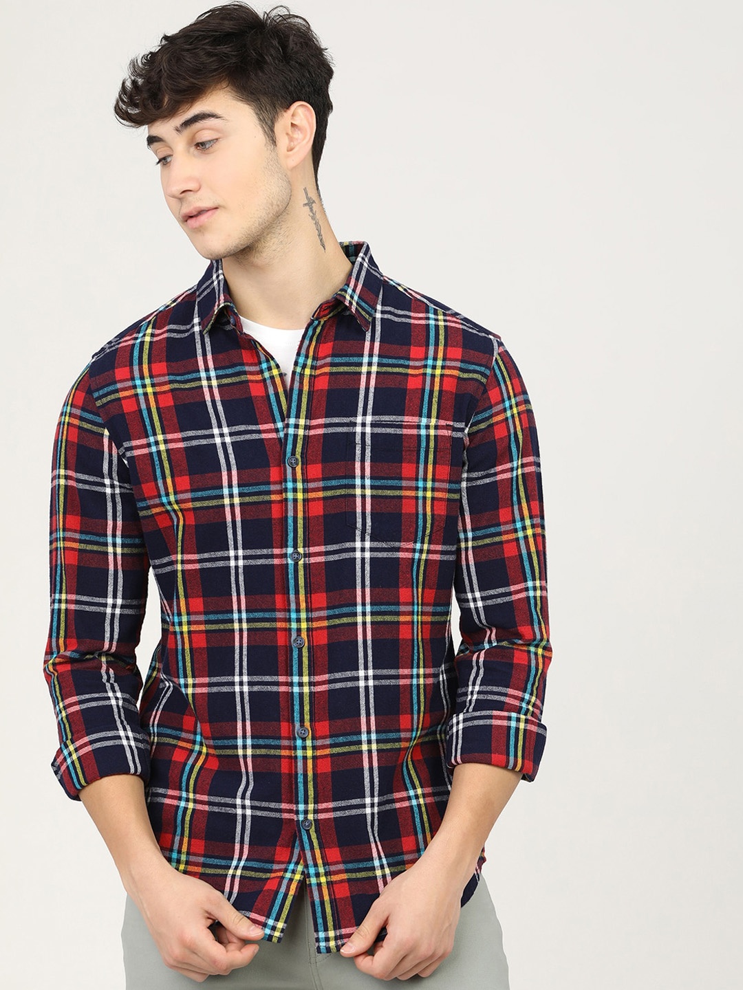 

HIGHLANDER Men Black & Red Slim Fit Opaque Checked Cotton Casual Shacket