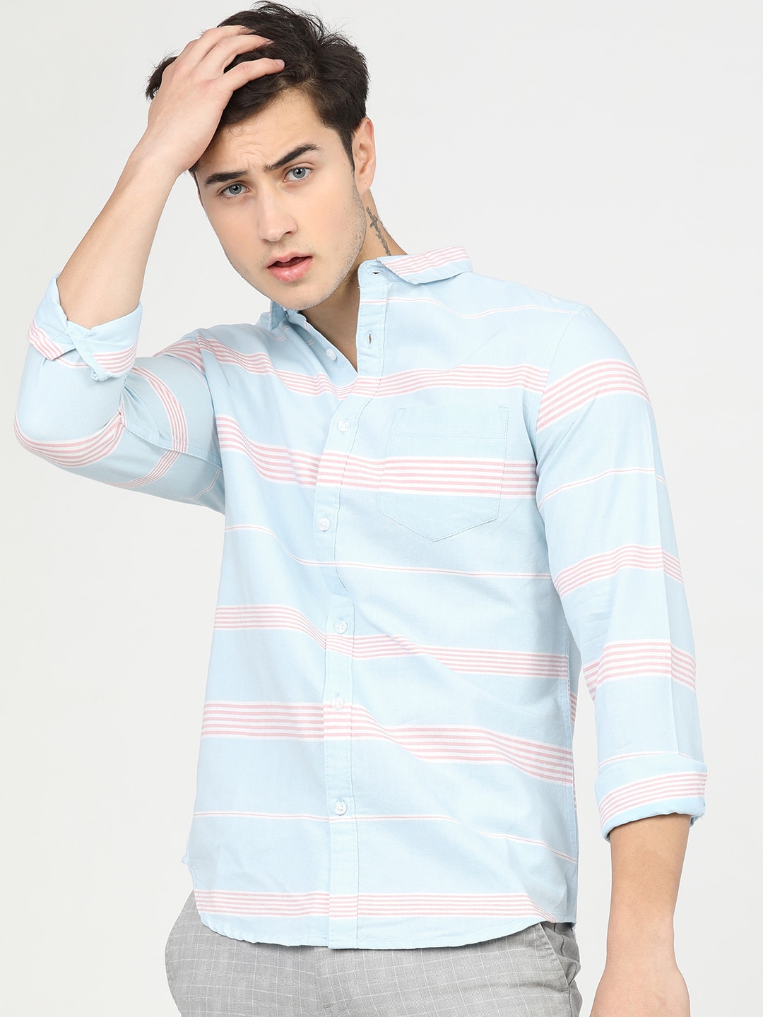 

HIGHLANDER Men Blue Slim Fit Horizontal Stripes Opaque Striped Casual Shirt