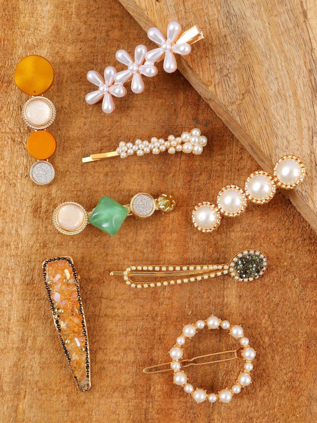 

Crunchy Fashion Women Set of 8 Gold-Toned & Orange Handmade Bobby Pins