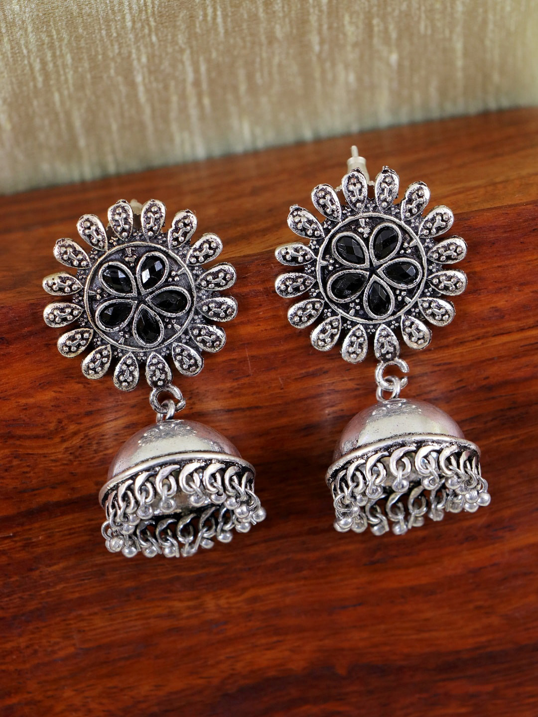 

Crunchy Fashion Silver-Plated Black Floral Jhumkas Earrings