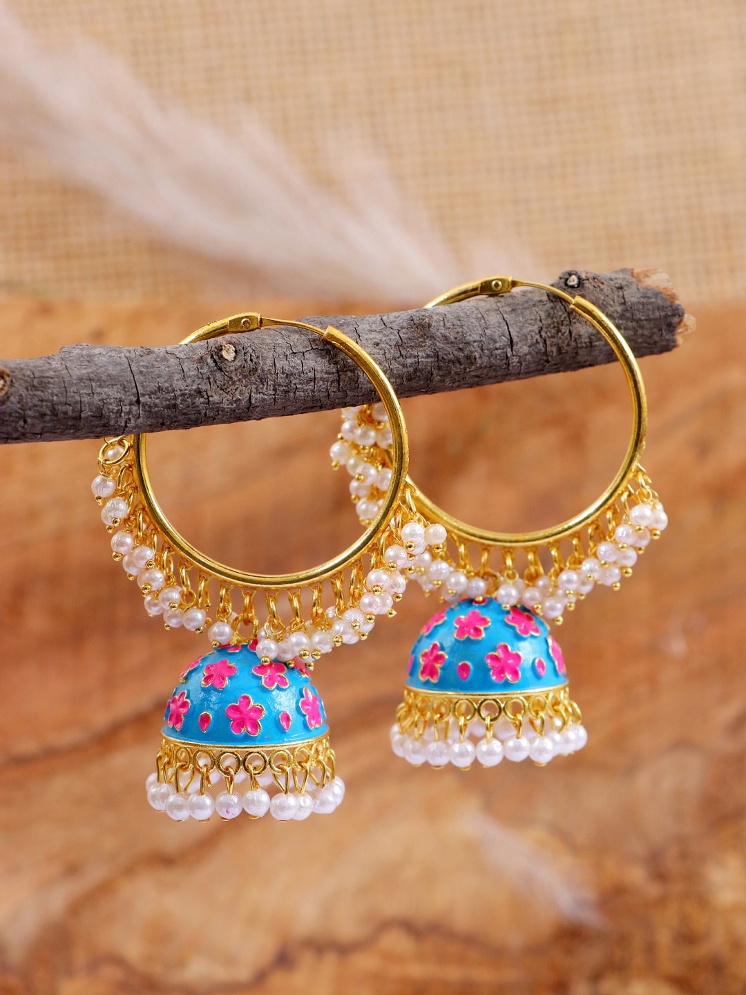 

Crunchy Fashion Blue Gold-Plated Pearls Beaded Jhumkas Earrings