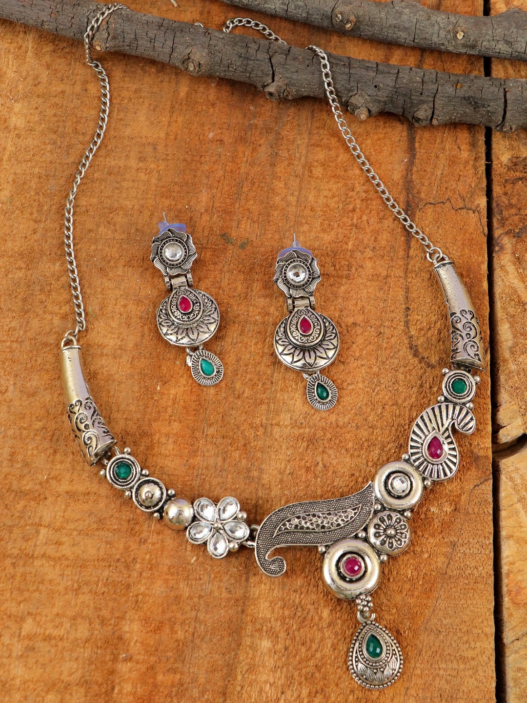 

Crunchy Fashion German Silver Antique Necklace Set With Earrings