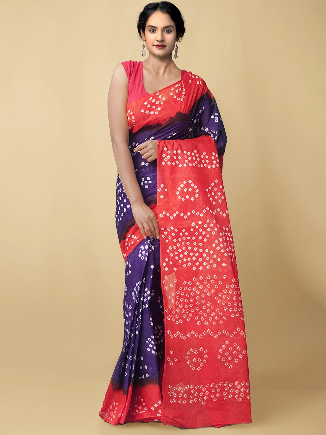 

Unnati Silks Violet & Red Bandhani Pure Cotton Bandhani Saree