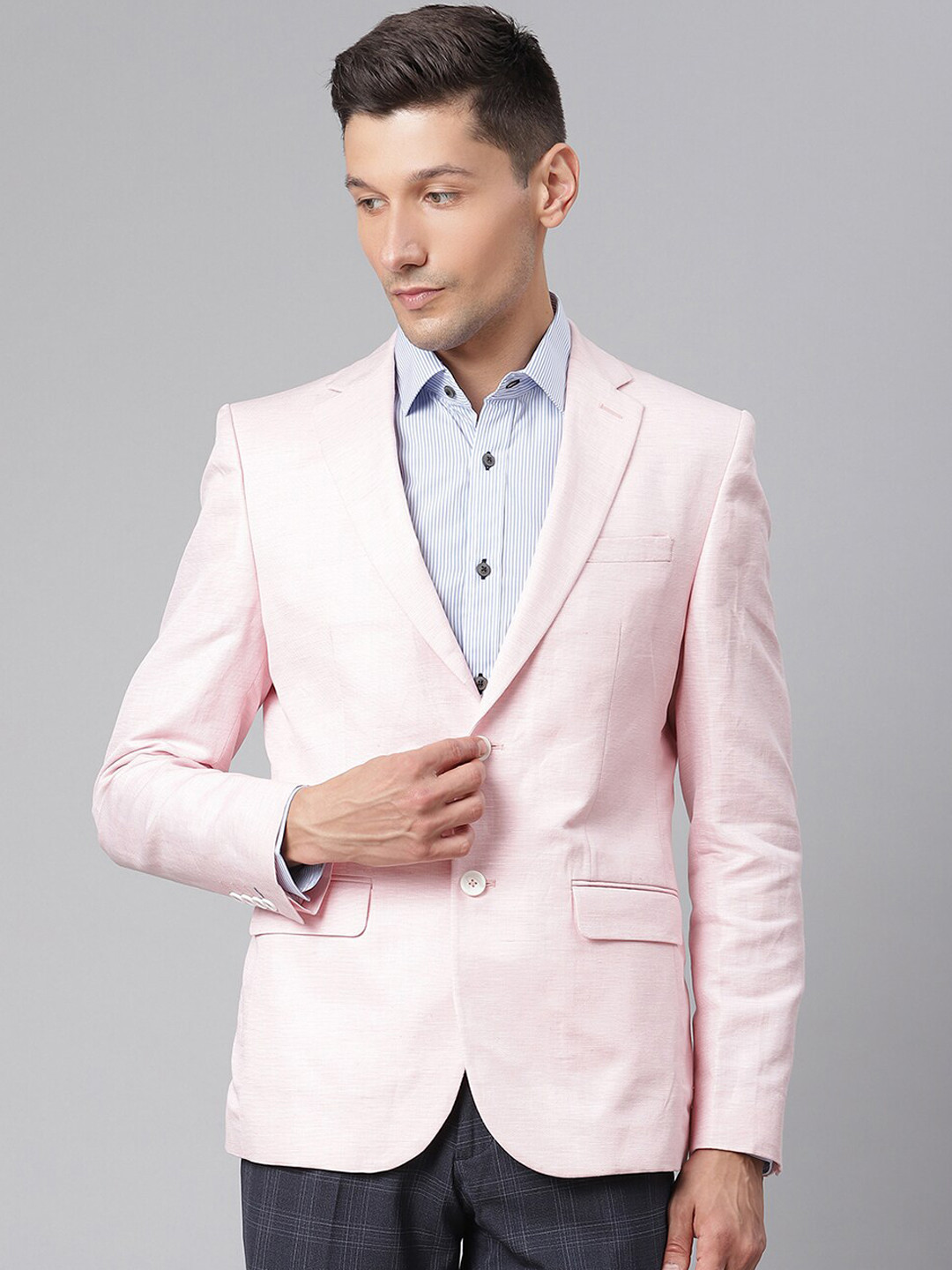 

HARSAM Men Pink Solid Slim-Fit Single-Breasted Linen Formal Blazer