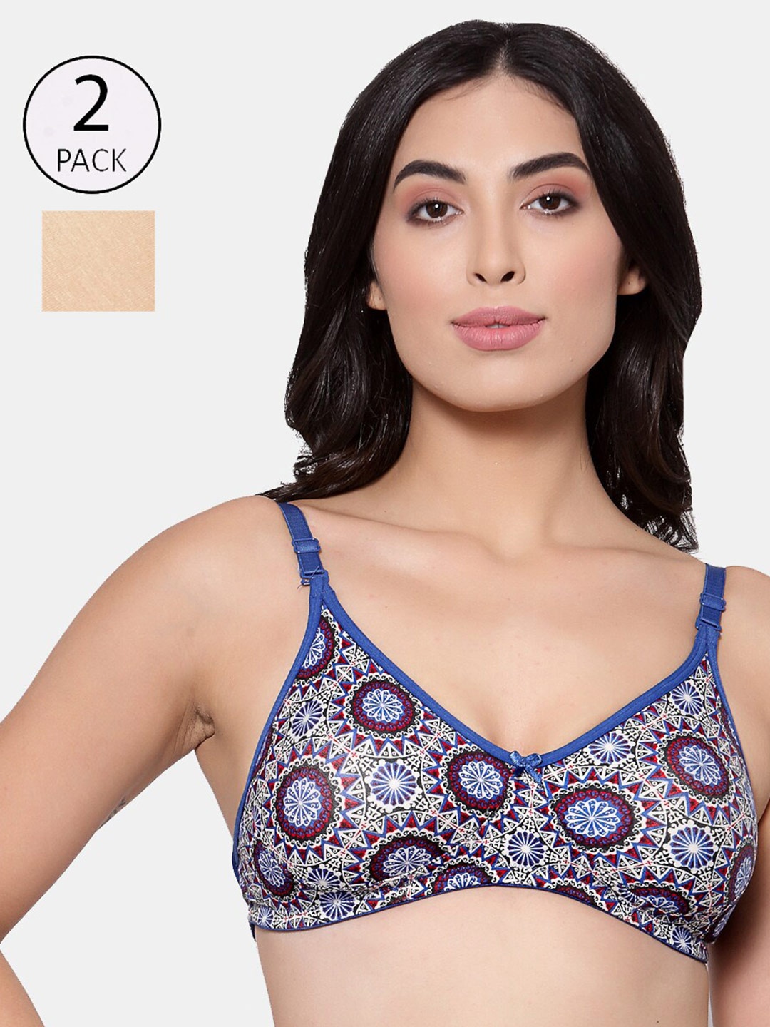 

Inner Sense Pack Of 2 Beige & Blue Organic Cotton Antimicrobial Floral T-shirt Bra ISB100