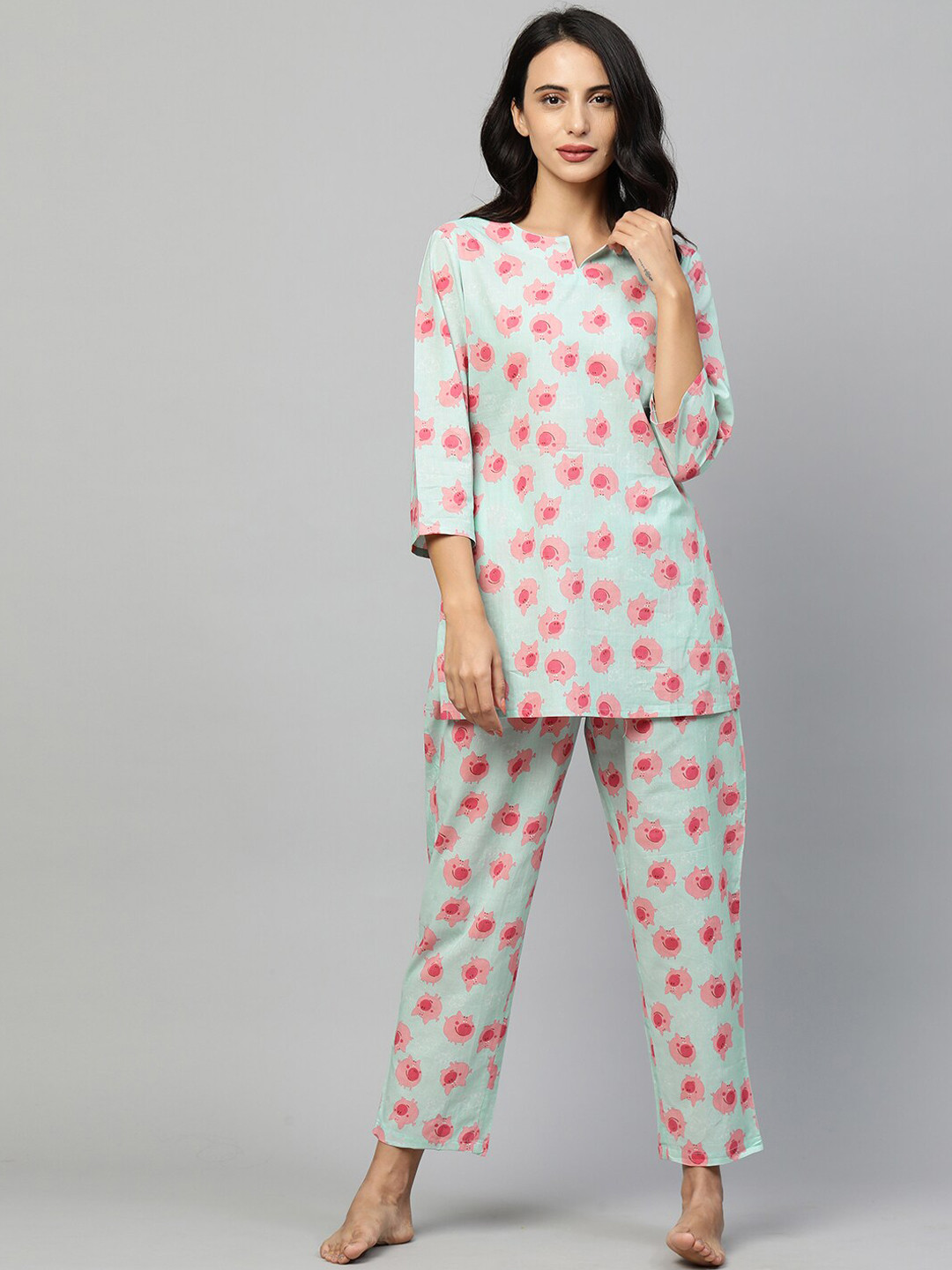 

FASHOR Women Green & Red Khari Printed Night suit