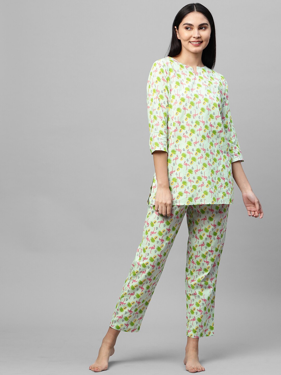 

FASHOR Women Green & Yellow Printed Night suit