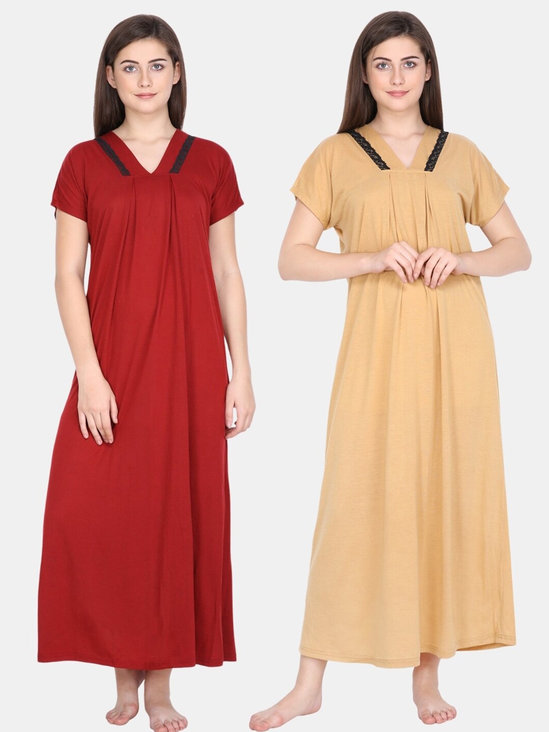 

Klamotten Women Maroon & Beige Pack Of Two Maxi Nightdress