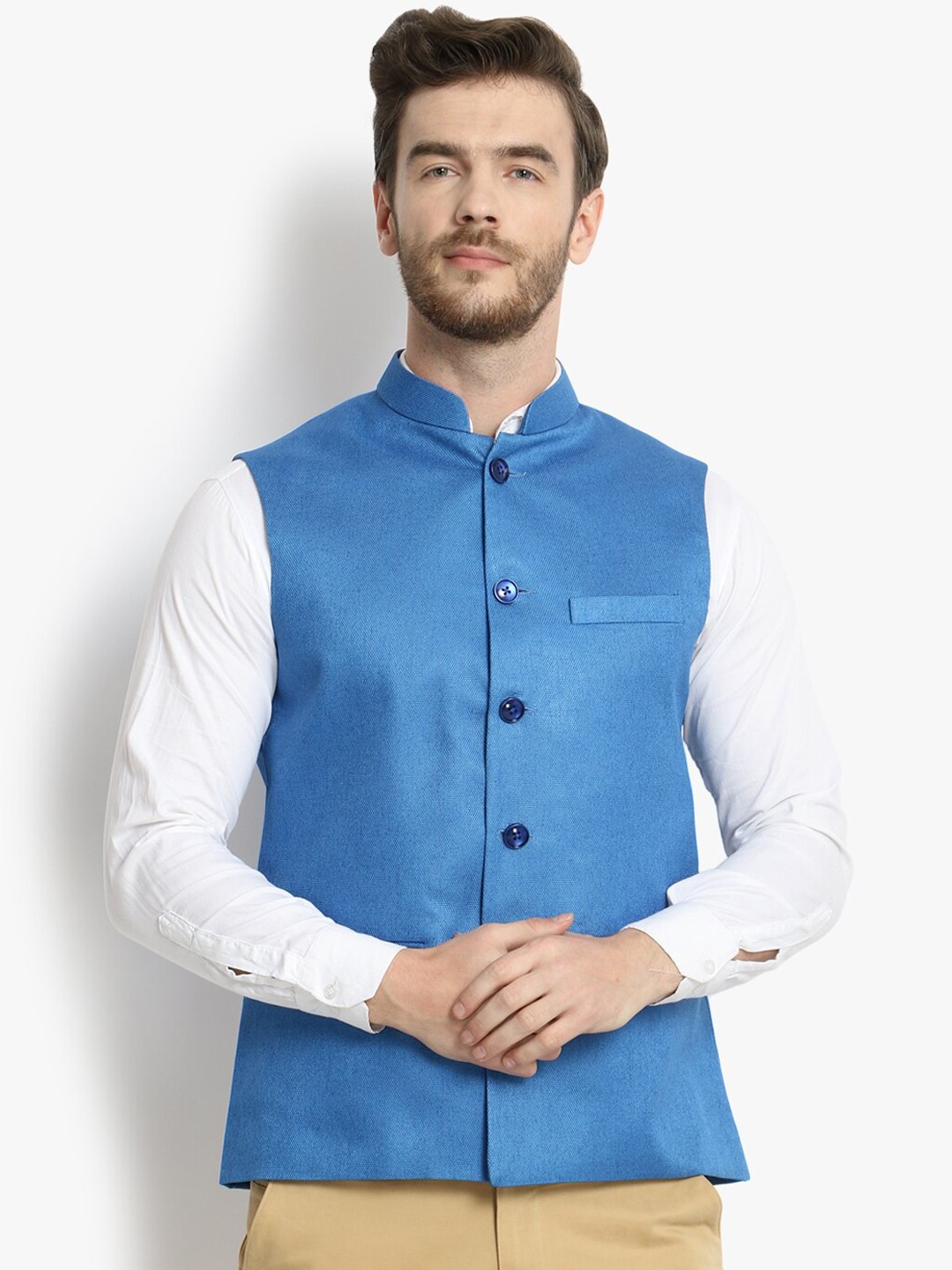 

Vastraa Fusion Men Blue Solid Woven Nehru Jacket