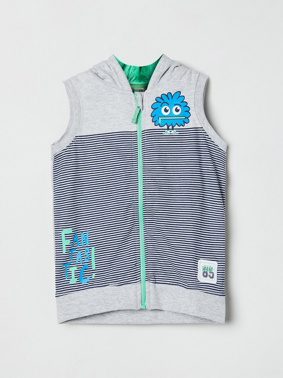 

max Boys Grey Striped V-Neck Applique T-shirt