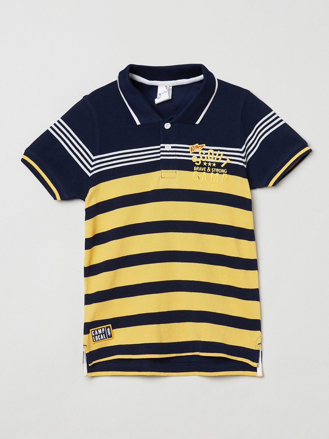 

max Boys Navy Blue & Yellow Striped Polo Collar T-shirt