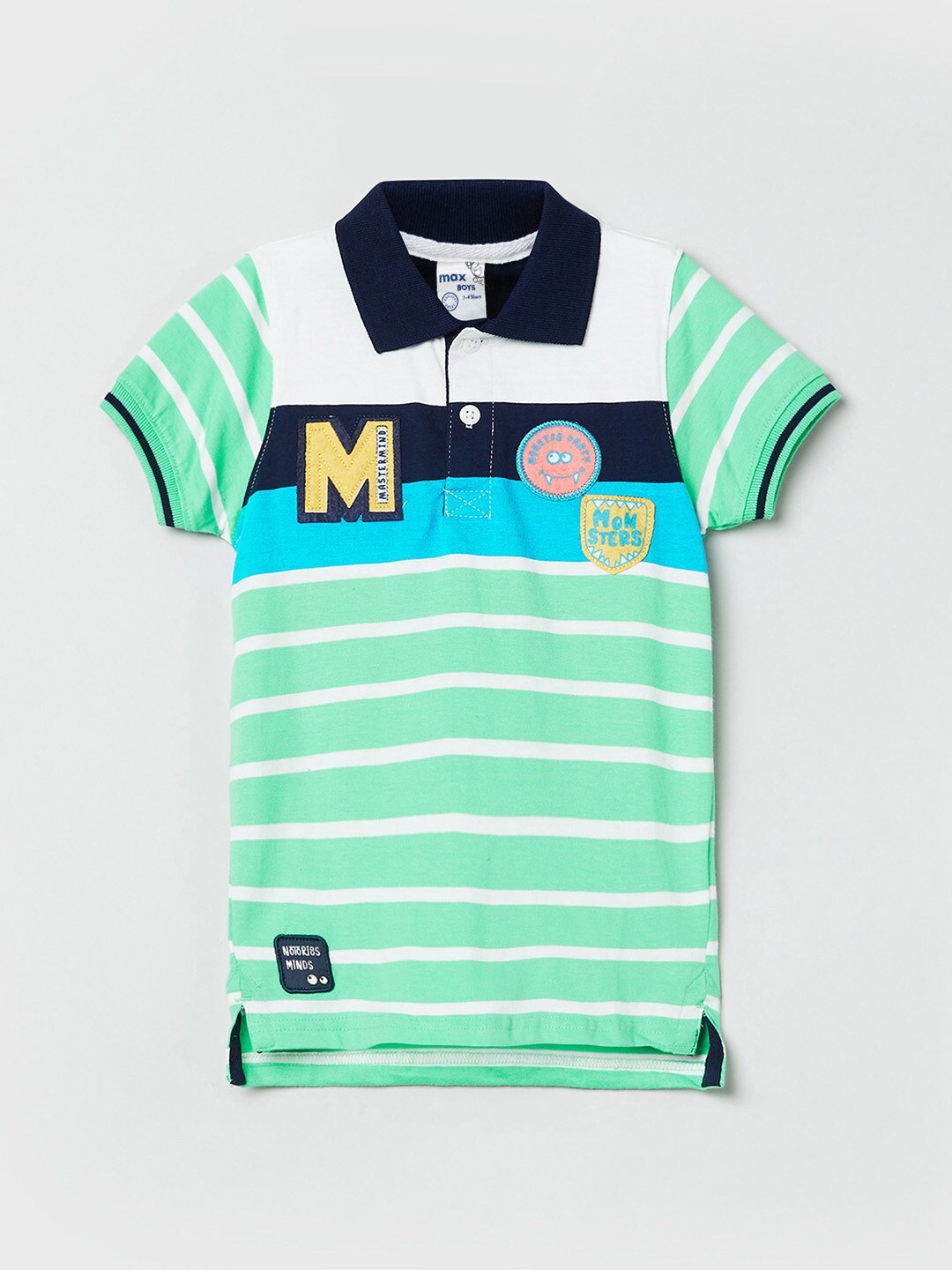 

max Boys Green & White Striped Polo Collar Applique T-shirt