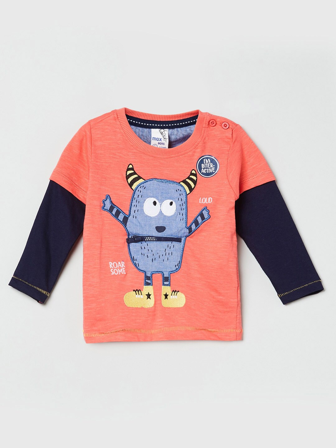 

max Boys Orange & Navy Blue Printed T-shirt