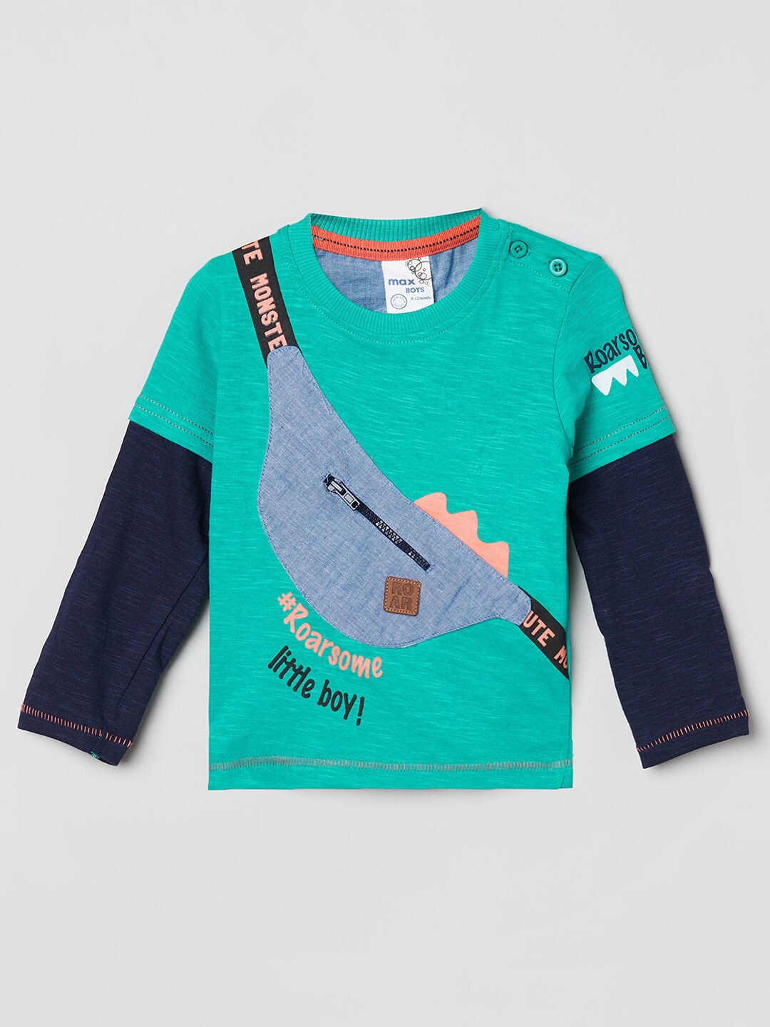 

max Boys Green Printed V-Neck Applique T-shirt
