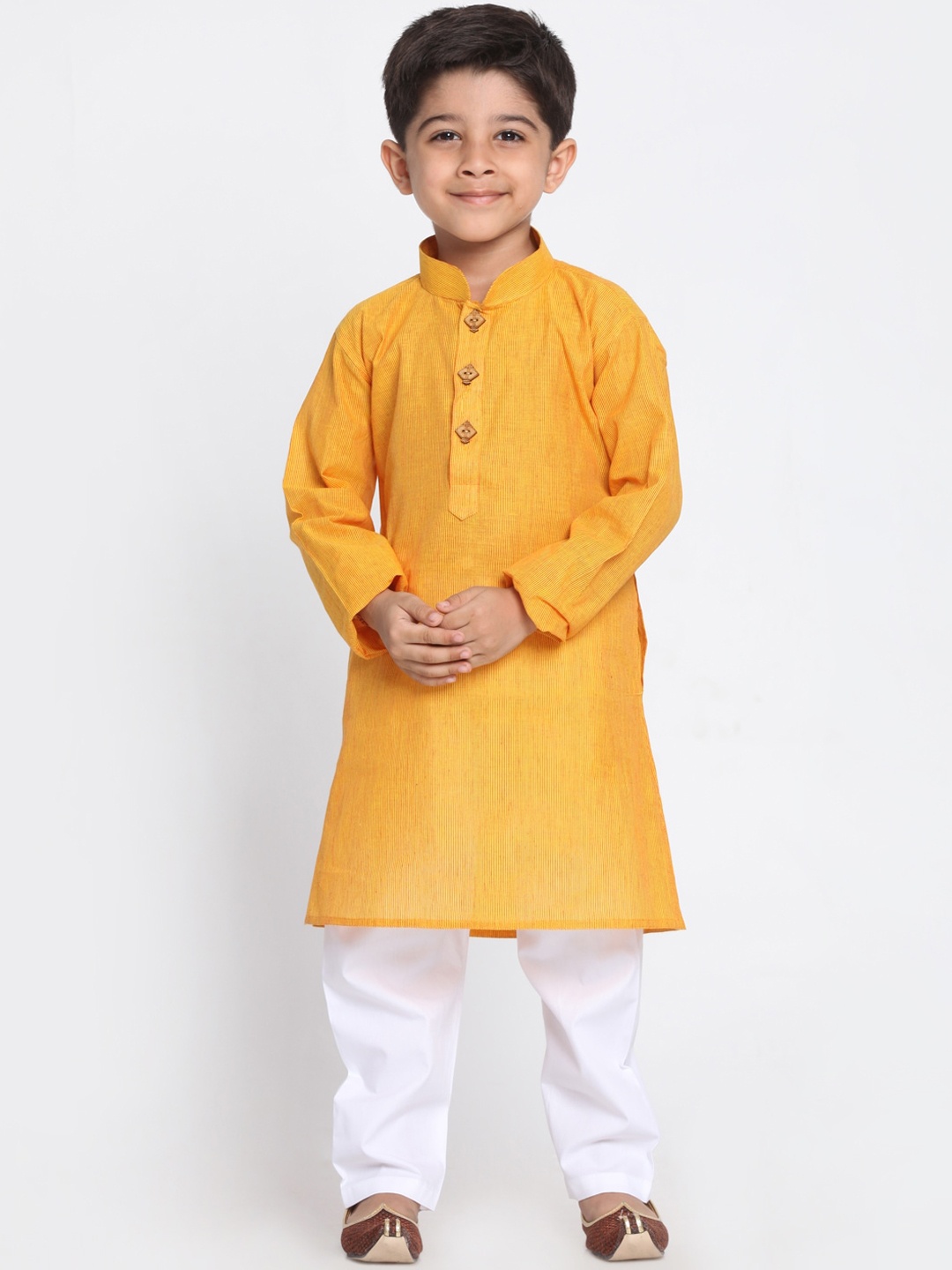 

JBN Creation Boys Mustard Yellow Striped Regular Pure Cotton Kurta with Pyjamas