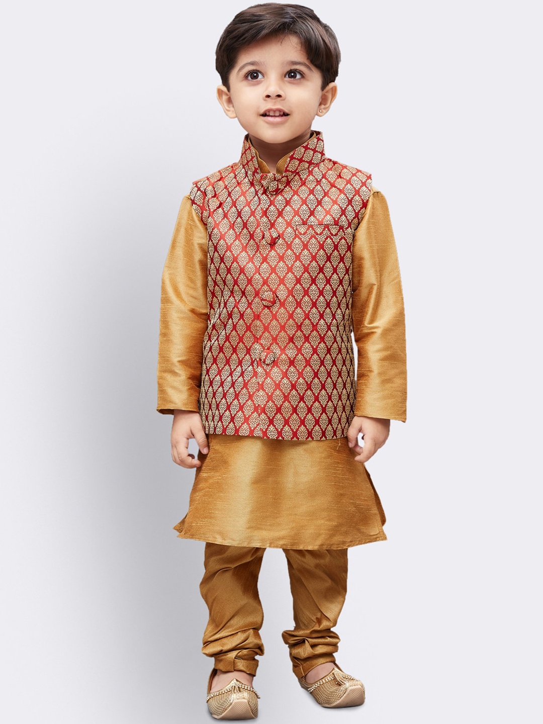 

JBN Creation Boys Gold-Toned Regular Kurta with Churidar With Nehru Jacket