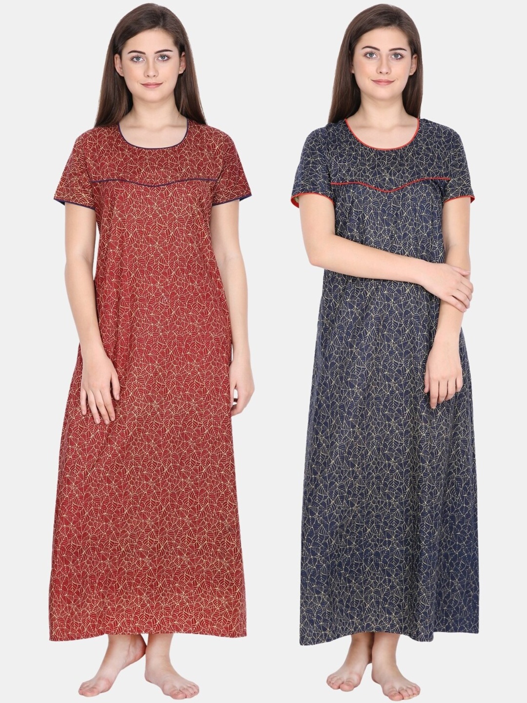 

Klamotten Pack of 2 Printed Pure Cotton Maxi Nightdress, Maroon