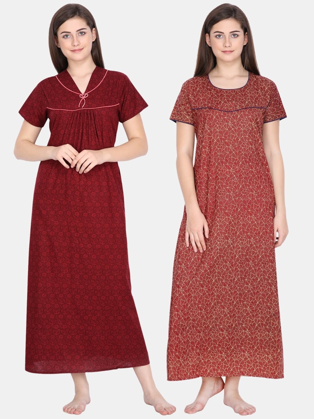 

Klamotten Pack of 2 Printed Pure Cotton Maxi Nightdress, Maroon