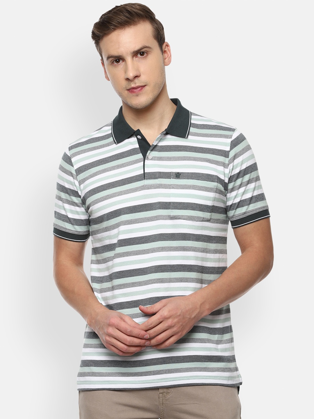 

Louis Philippe Men Multicoloured Striped Polo Collar Pocket T-shirt, Multi
