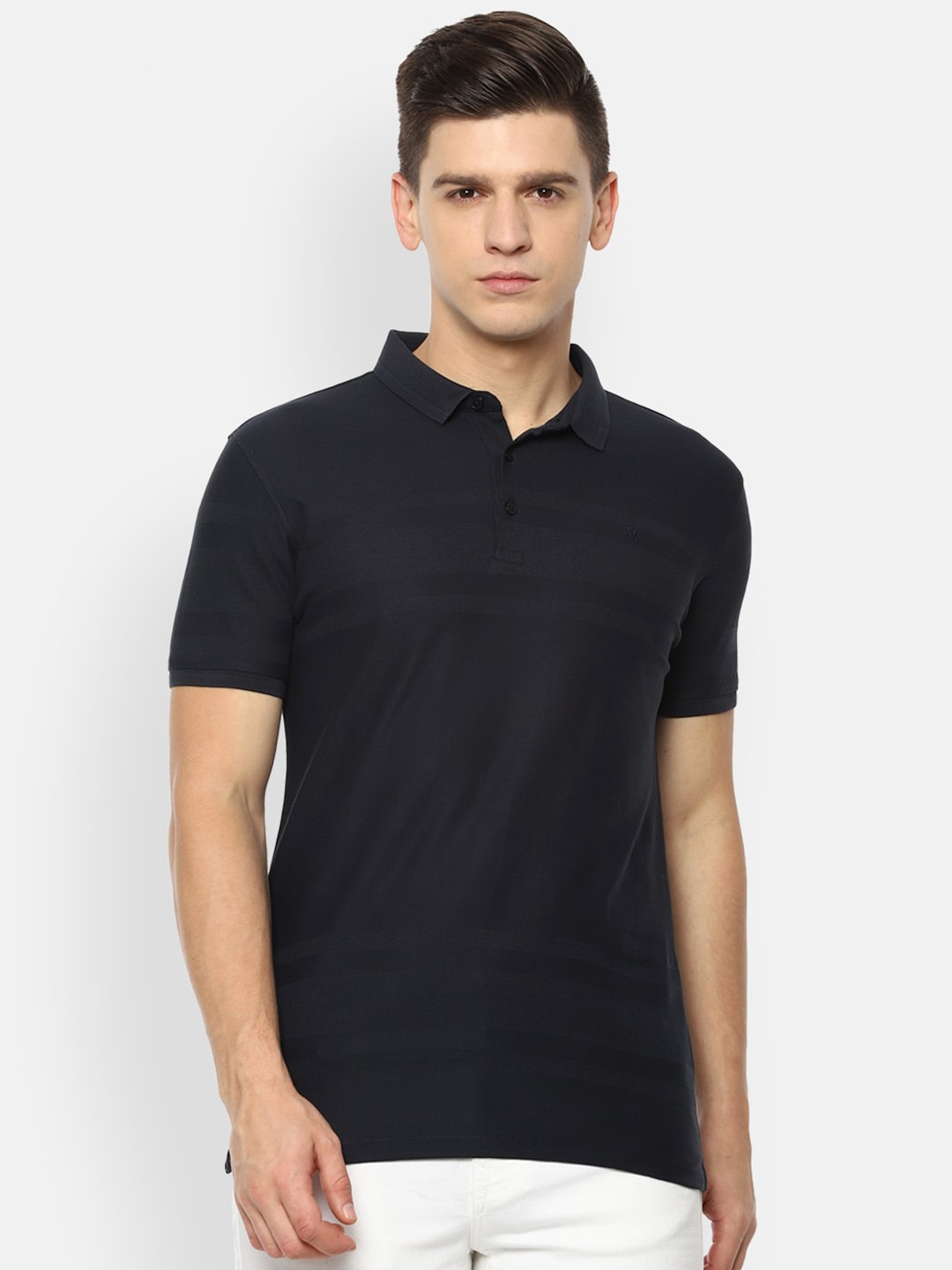 

V Dot Men Black Polo Collar Slim Fit T-shirt
