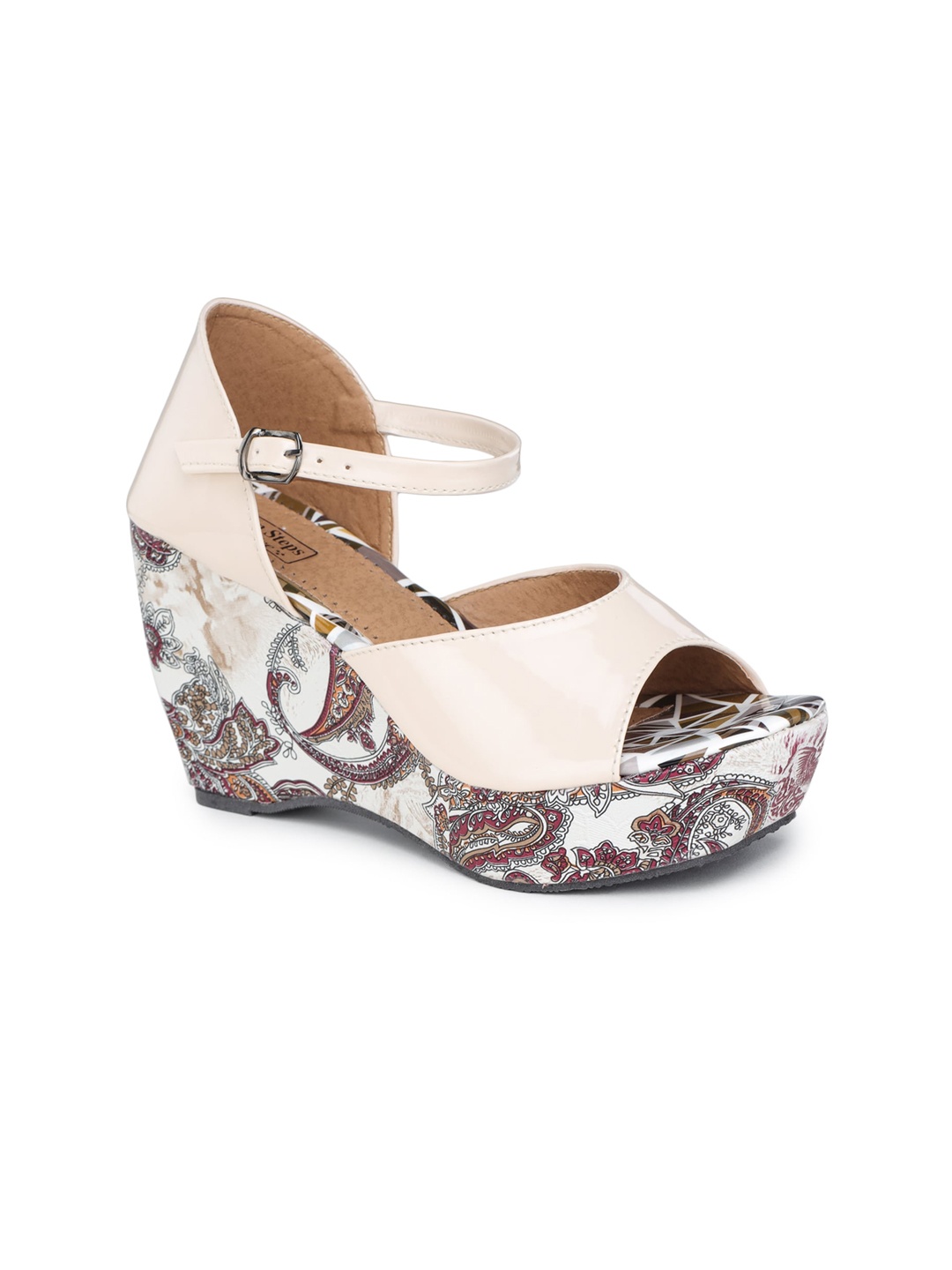 

LONDON STEPS Cream-Coloured Printed Wedge Peep Toes