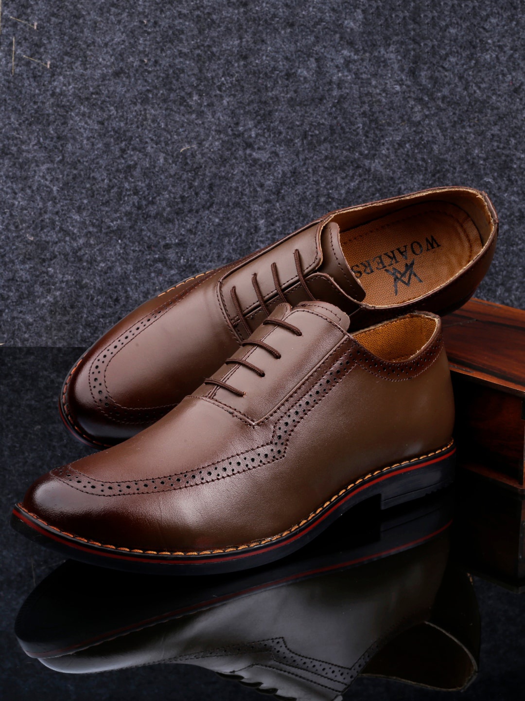 

Woakers Men Brown Solid Leather Formal Oxfords Shoes