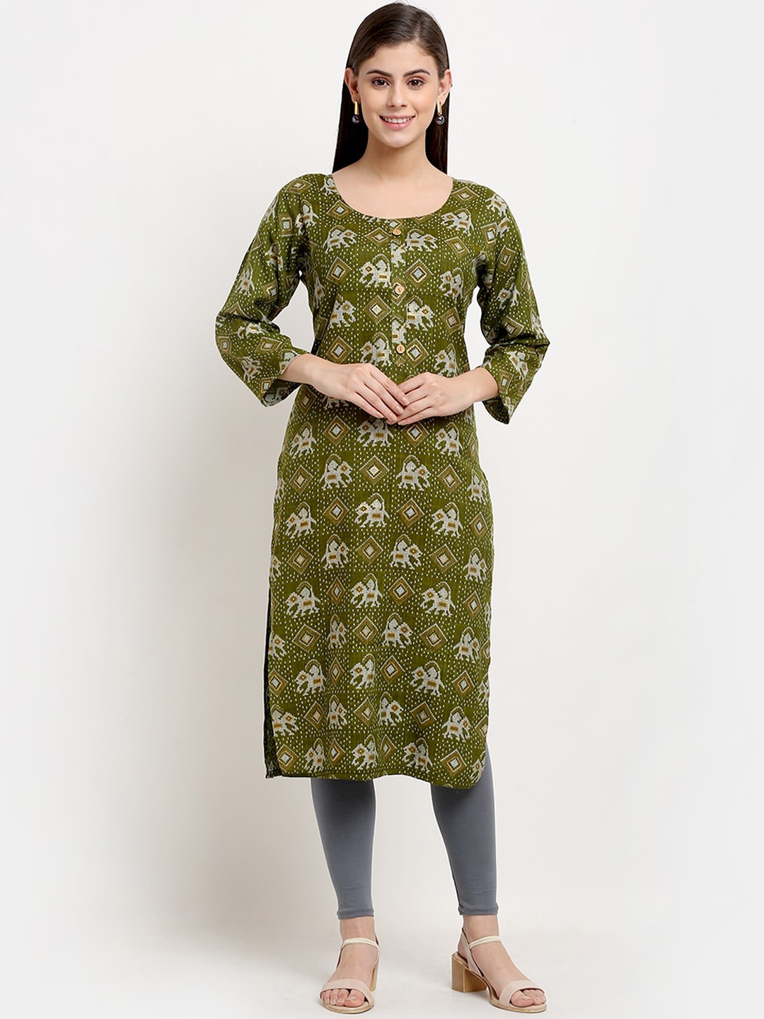 

GRACIT Women Green Printed Regular Kurta with Churidar