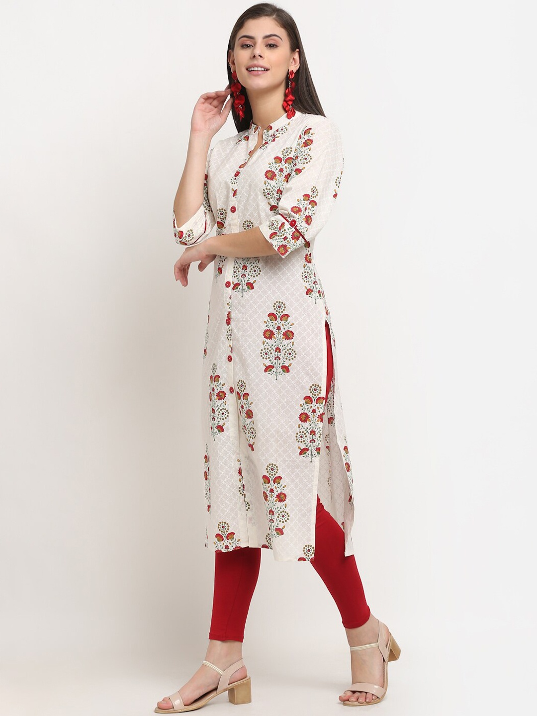 

GRACIT Women White & Red Floral Printed Regular Pure Cotton Kurta With Trousers