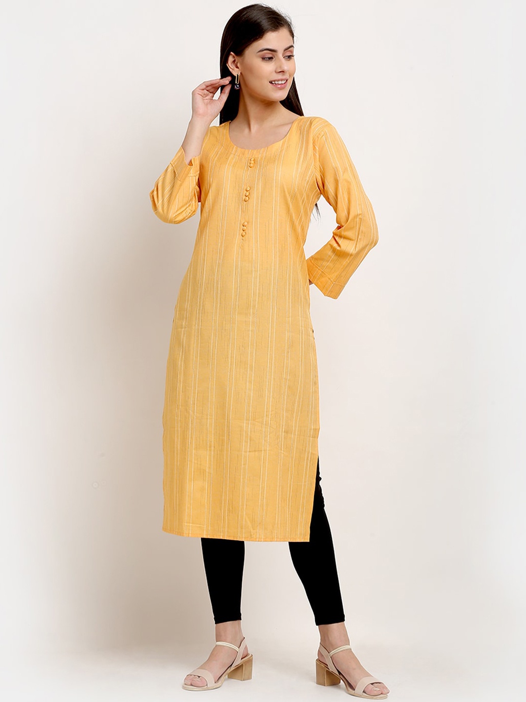 

GRACIT Women Yellow Striped Regular Pure Cotton Kurta with Legging