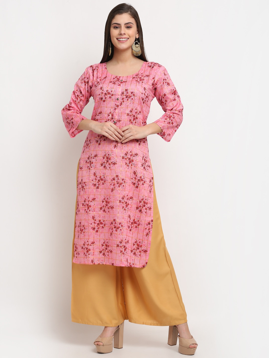 

GRACIT Women Pink & Beige Floral Printed Regular Pure Cotton Kurta With Palazzos