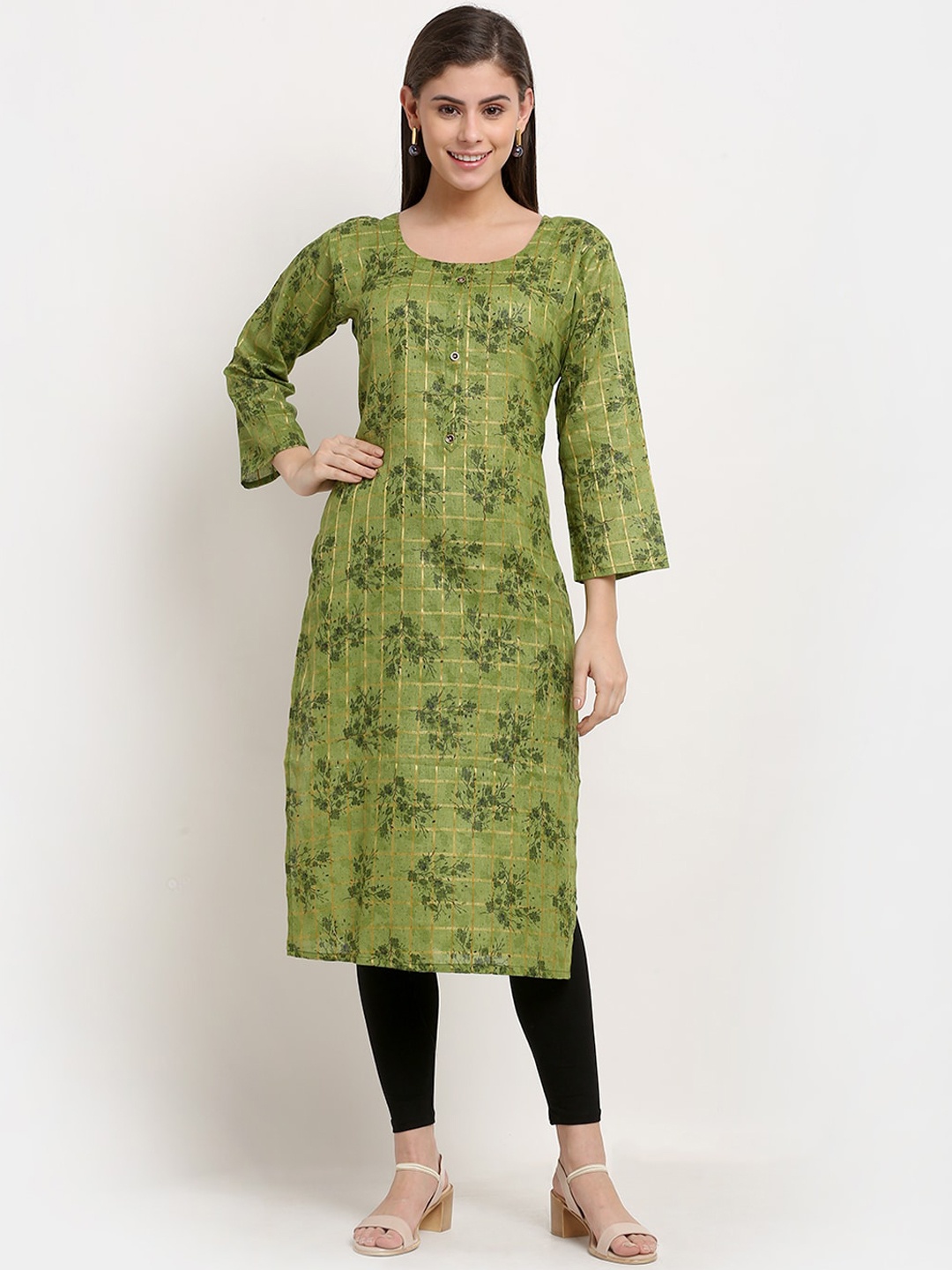 

GRACIT Women Green & Black Floral Printed Regular Pure Cotton Kurta with Churidar