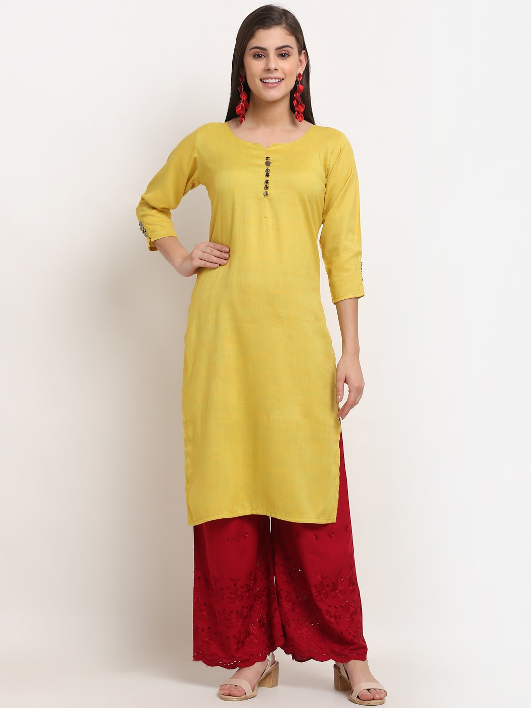 

GRACIT Women Yellow Solid Regular Kurta With Self Design Palazzos