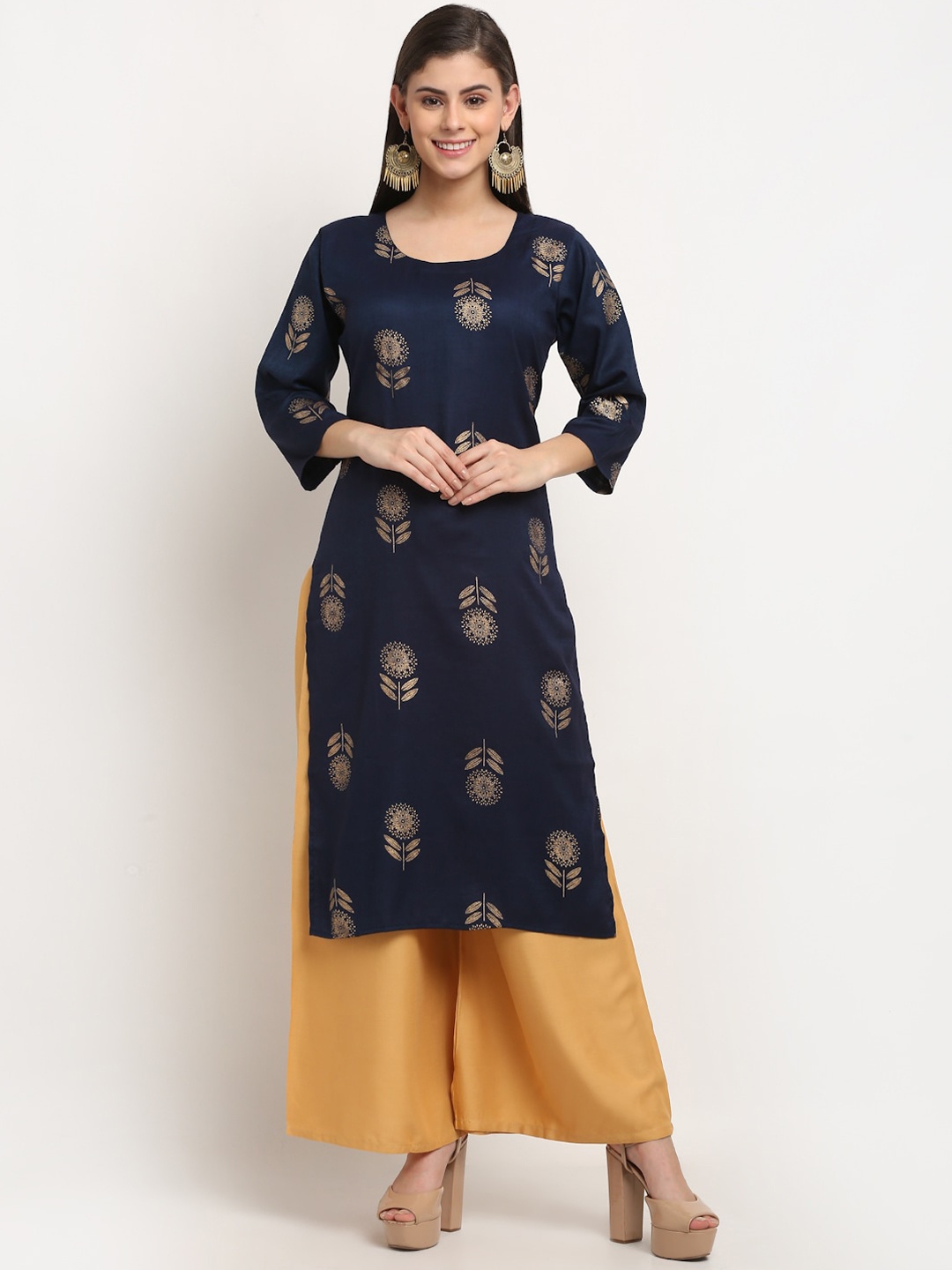 

GRACIT Women Navy Blue Ethnic Motifs Printed Regular Kurta with Palazzos