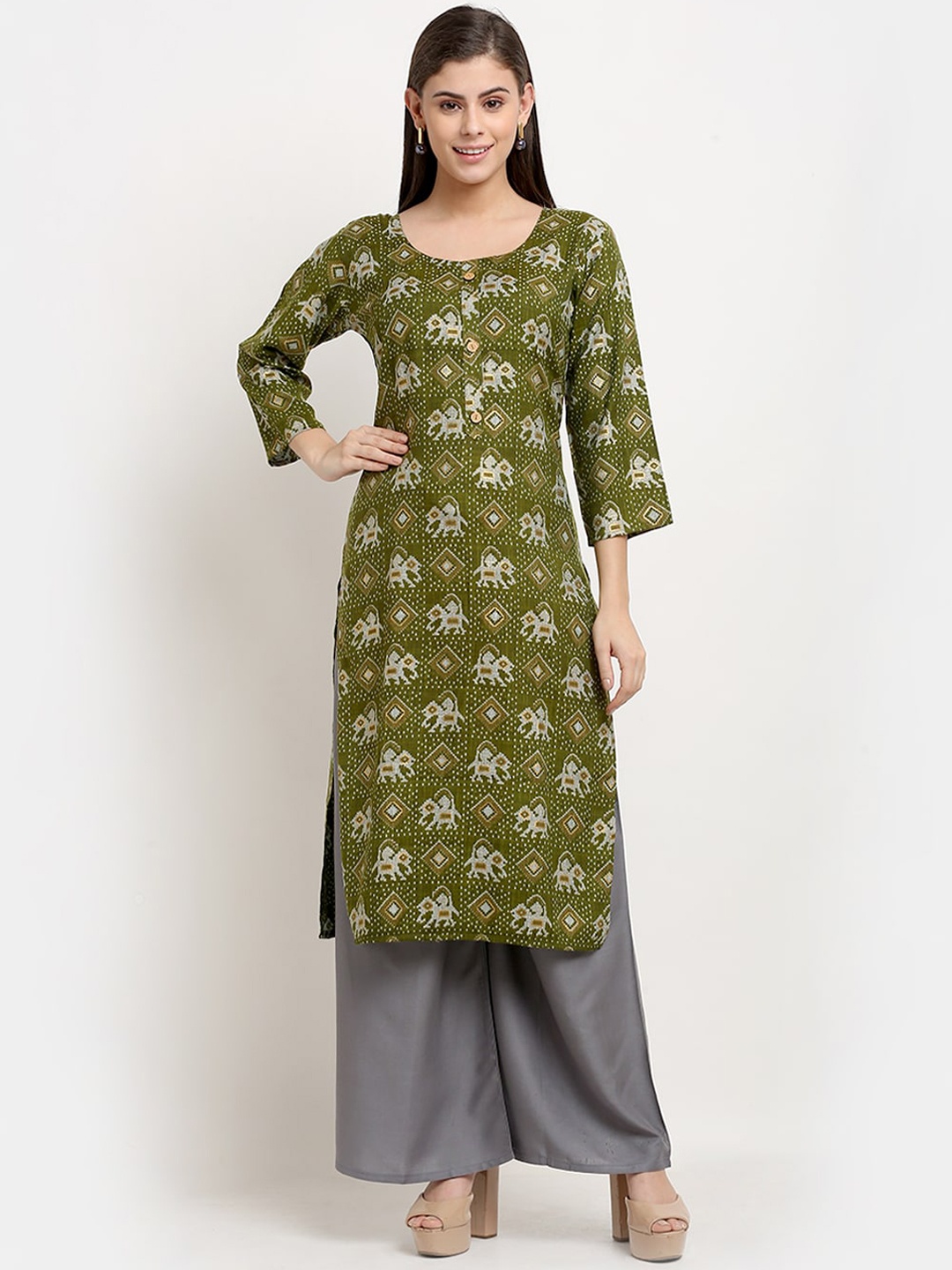 

GRACIT Women Green & Grey Ethnic Motifs Printed Regular Kurta with Palazzos