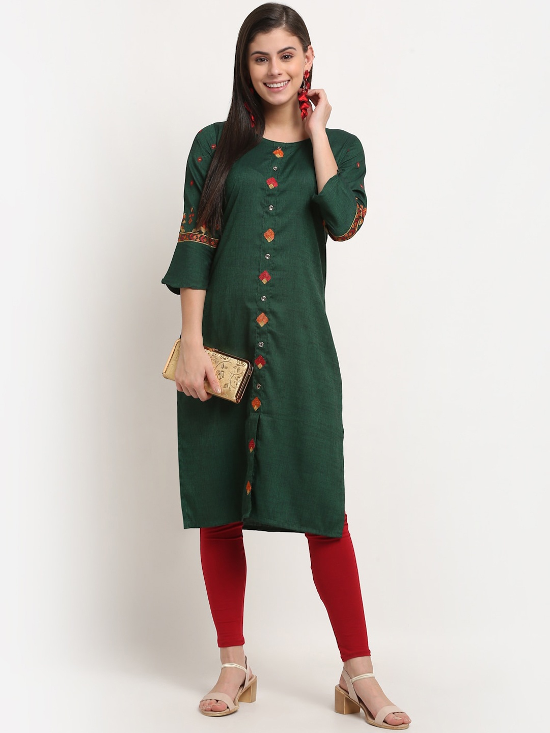 

GRACIT Women Green Embroidered Panelled Kurta With Churidar