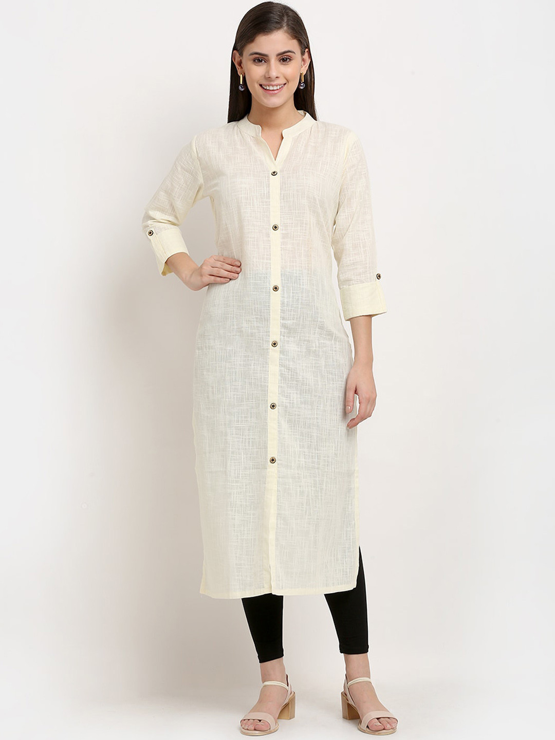 

GRACIT Women Cream-Coloured & Black Regular Pure Cotton Kurta with Leggings