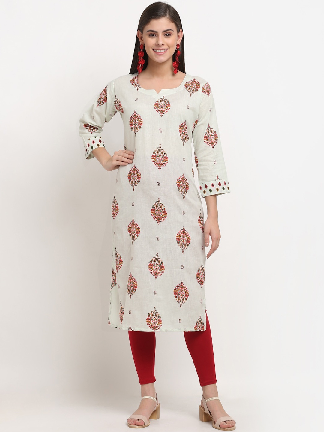 

GRACIT Women Off White Ethnic Motifs Printed Regular Pure Cotton Kurta with Trousers