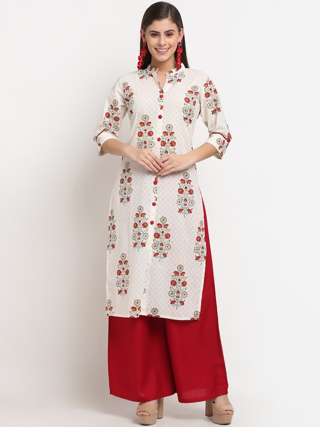 

GRACIT White & Maron Floral Printed Regular Pure Cotton Kurta with Palazzos