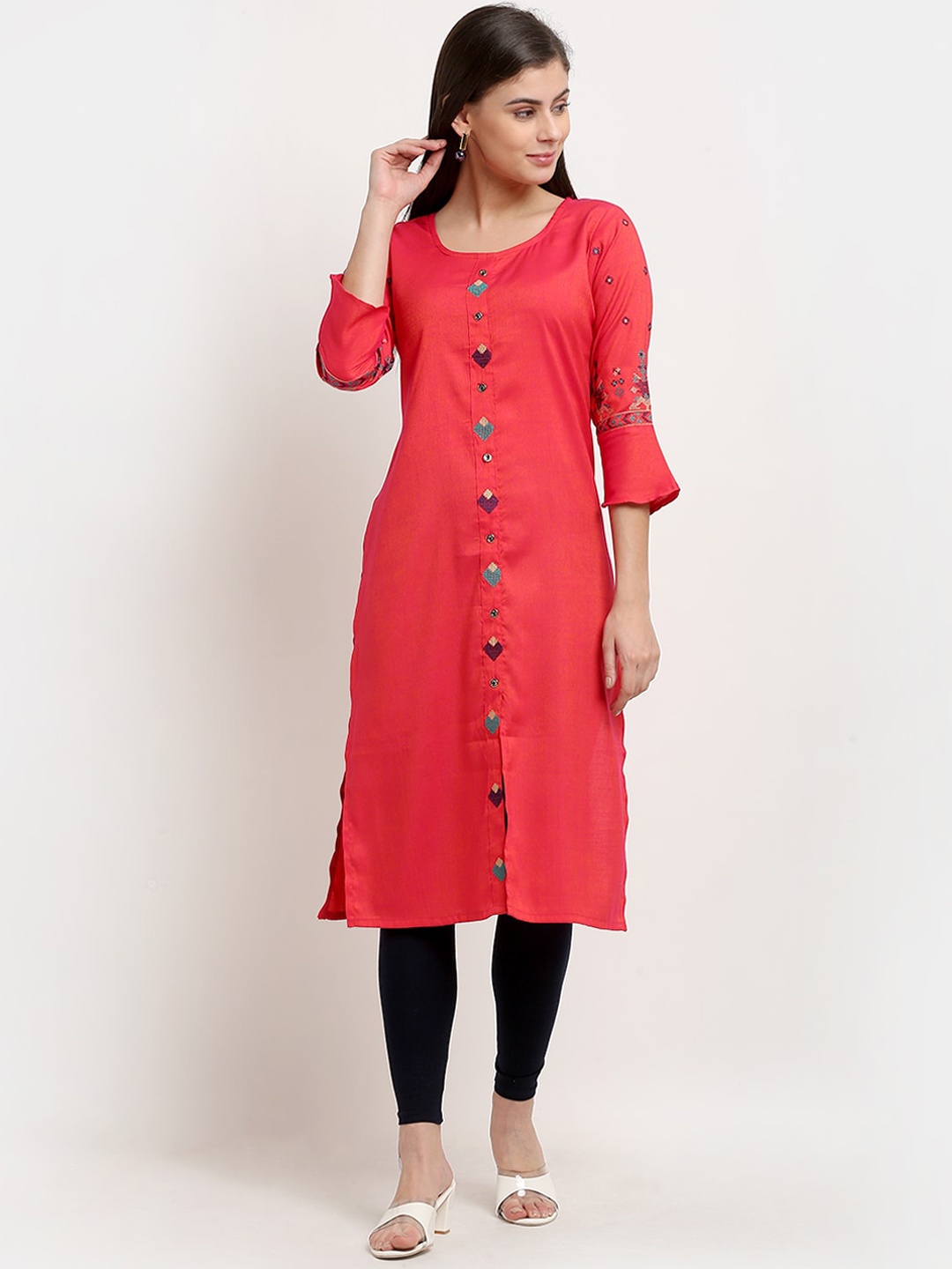 

GRACIT Women Peach-Coloured Embroidered Panelled Kurta With Trousers