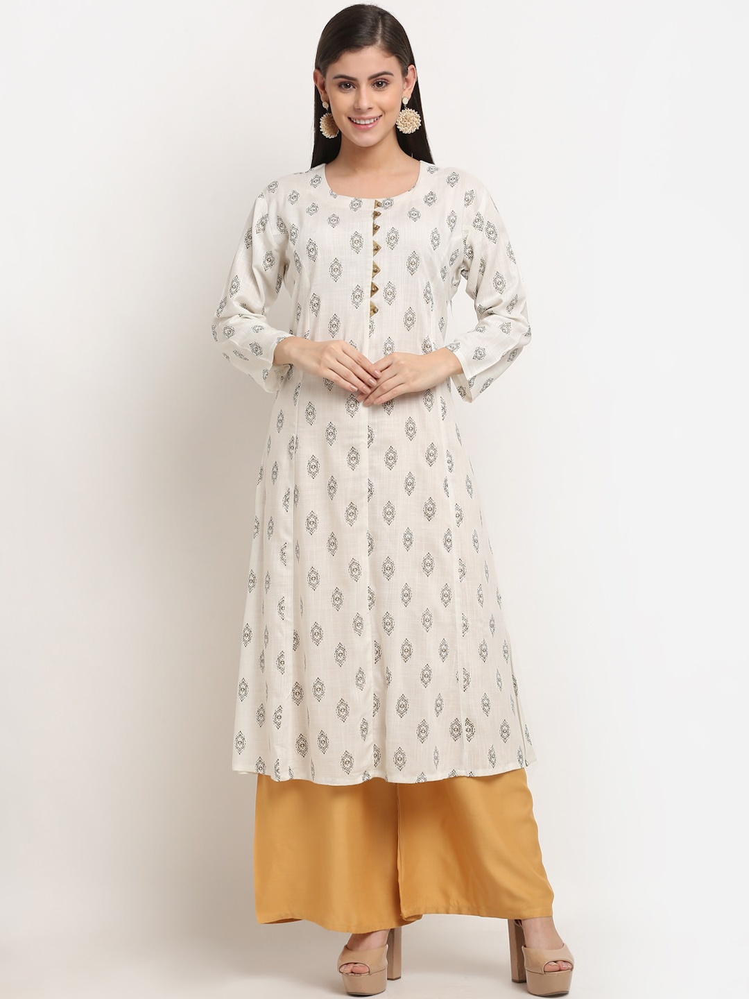 

GRACIT Women White & Gold-Plated Printed A-Line Kurta With Palazzos