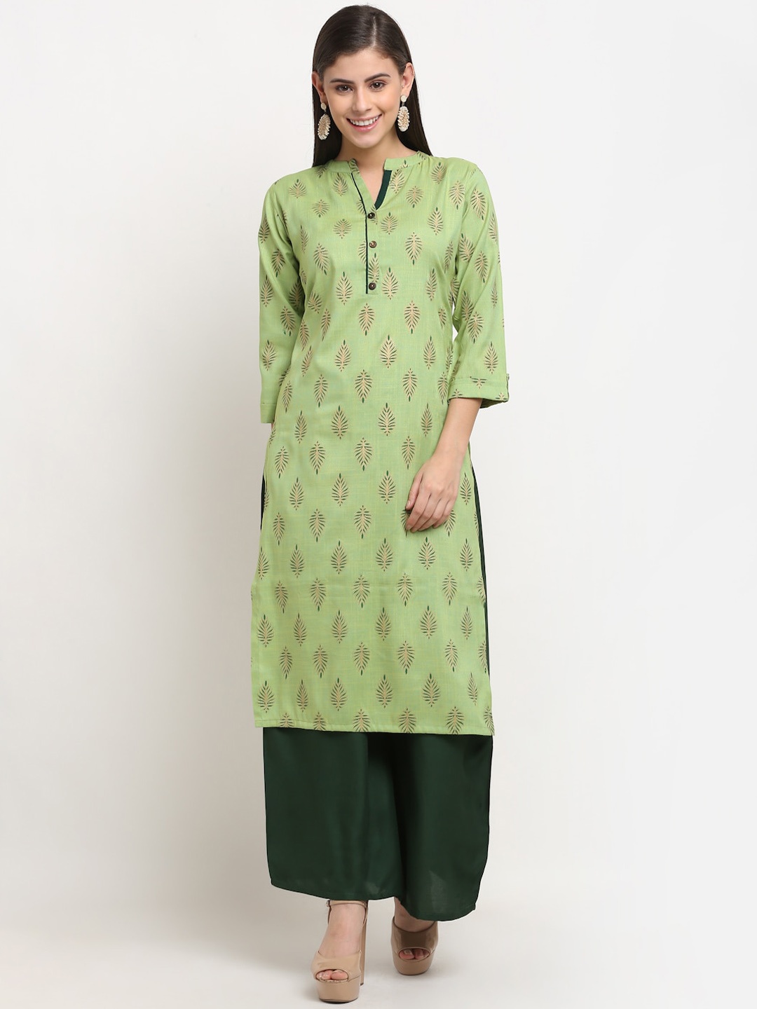 

GRACIT Women Green Ethnic Motifs Printed Regular Pure Cotton Kurta with Palazzos